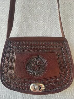 Hand-Tooled Brown Leather Crossbody Bag